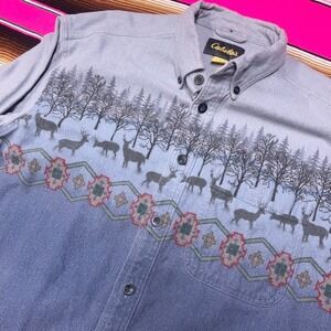 VTG Cabelas Chamois Shirt Men's L Southwestern Nature‎ AOP Flannel Deerskin Soft